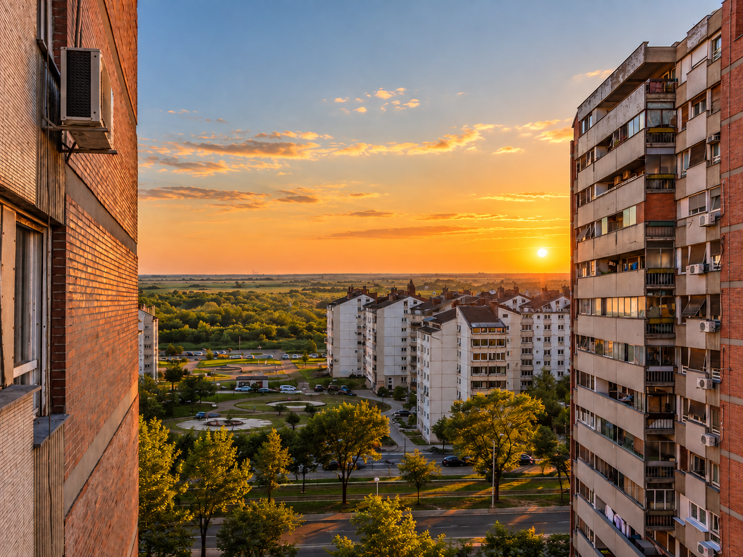 Zalazak sunca nad Novim Beogradom, pogled iz Bloka 45 između solitera ka zapadu