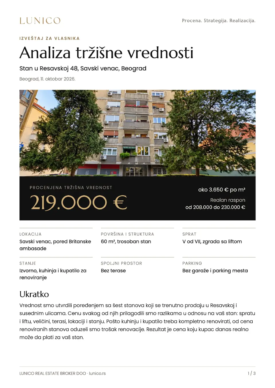 Prva strana analize tržišne vrednosti za trosoban stan u Resavskoj 48, Savski venac, Beograd
